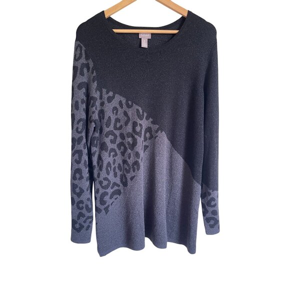 Chico's Size 3/XL Black Gray Leopard Print Knit Tunic Long Sleeve - Picture 1 of 6